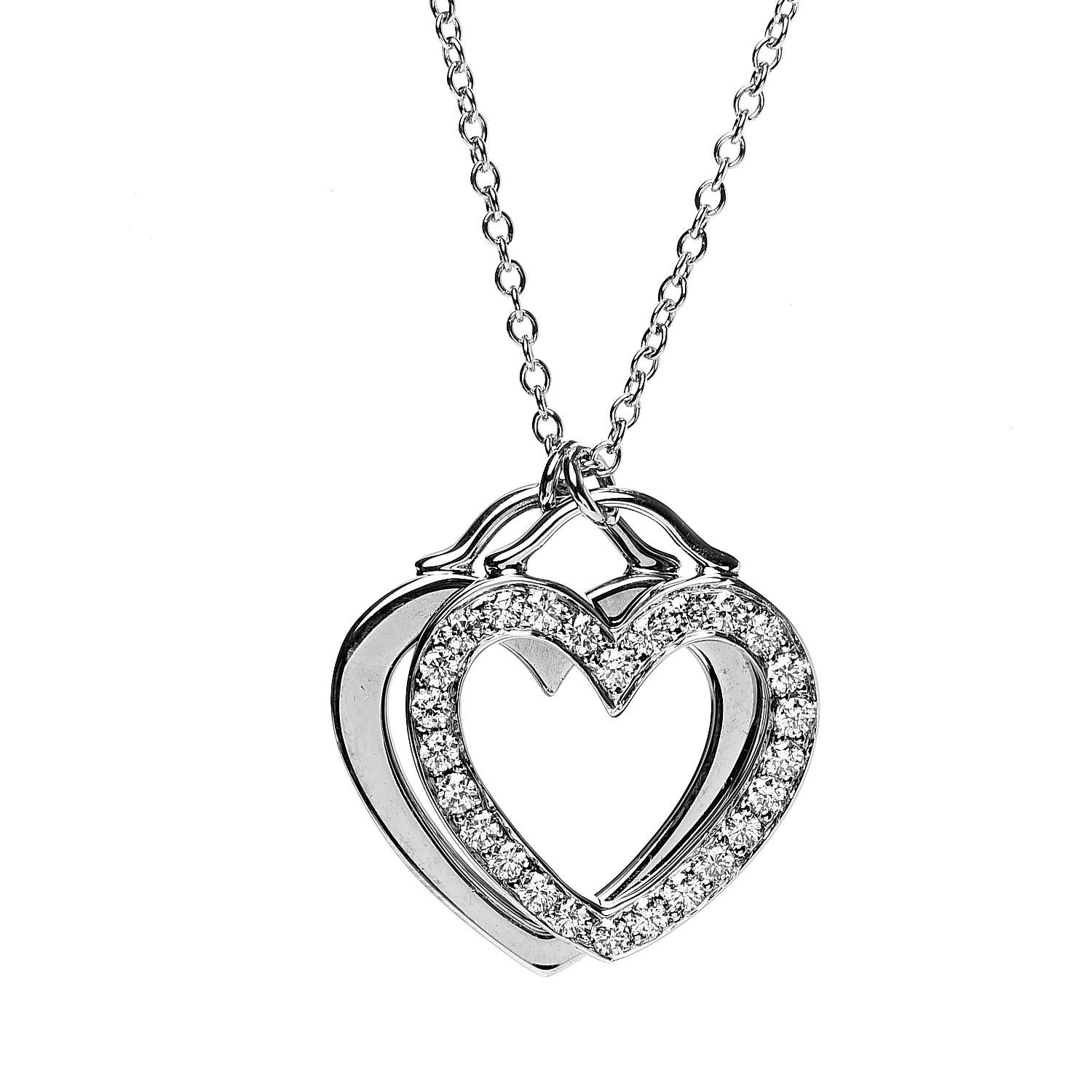 TIFFANY 18K White Gold Diamond Double Heart Pendant Necklace 482814 ...