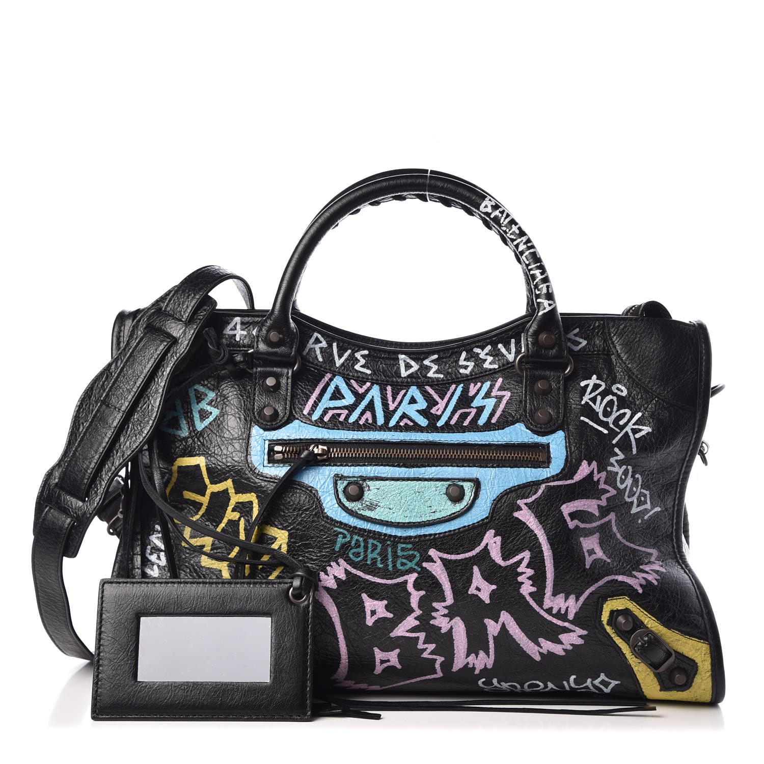 BALENCIAGA Agneau Graffiti Printed Classic City Black 322441