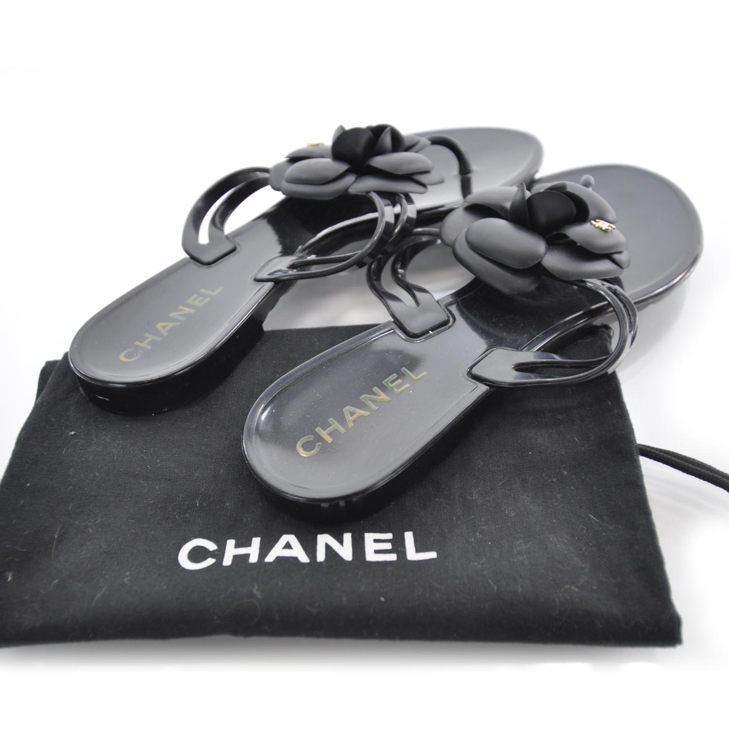 CHANEL Jelly Camellia Thong Sandals 37 Black 34376