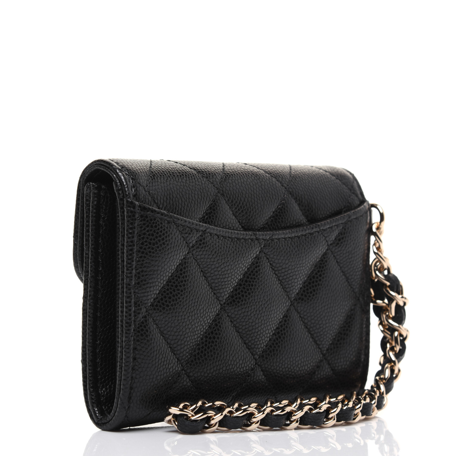 CHANEL Caviar Quilted Flap Card Holder Chain Wristlet Black 730007 ...