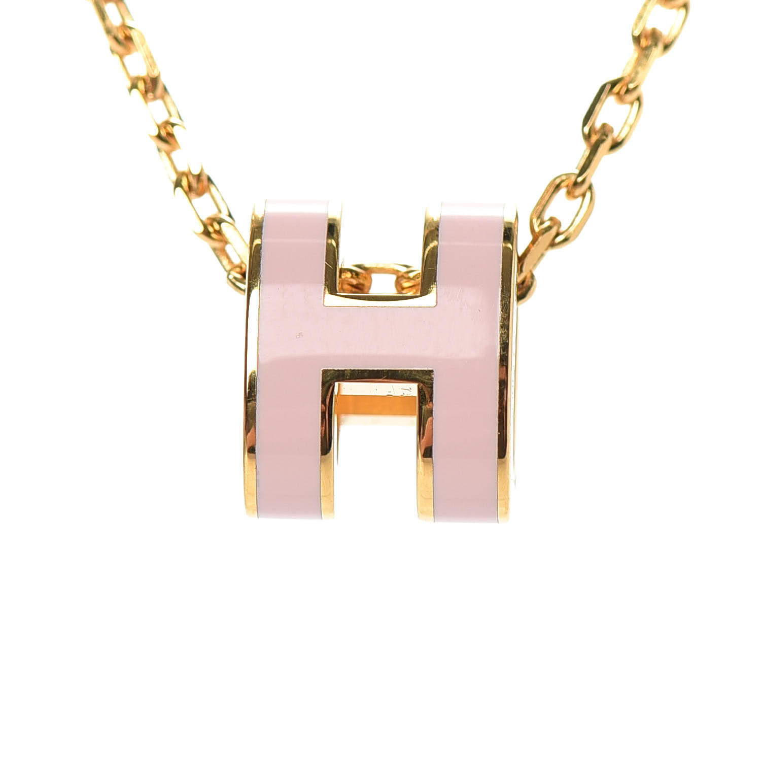 HERMES Lacquered Gold Mini Pop H Pendant Necklace Rose Dragee 730926