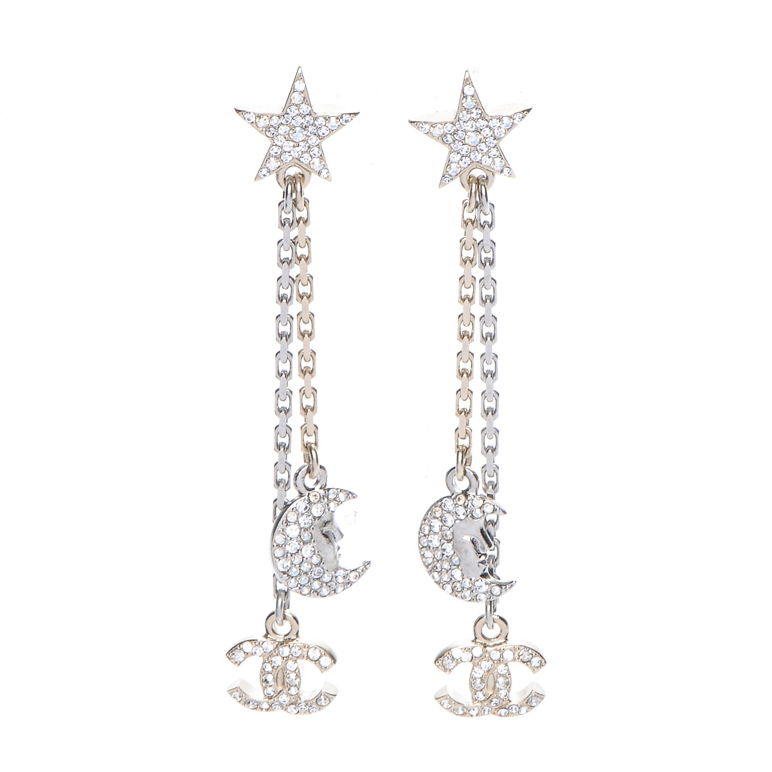 CHANEL Crystal CC Star Moon Dangle Earrings Silver Gold 200468 ...