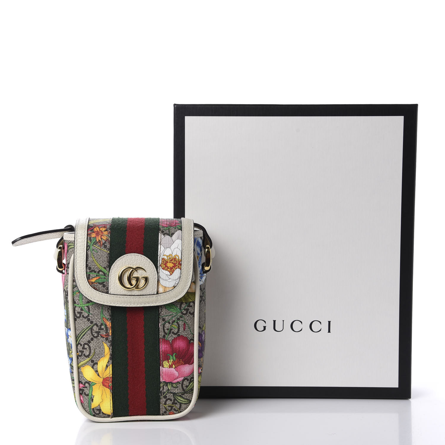 GUCCI GG Supreme Monogram Web Flora Ophidia Phone Crossbody Bag White ...