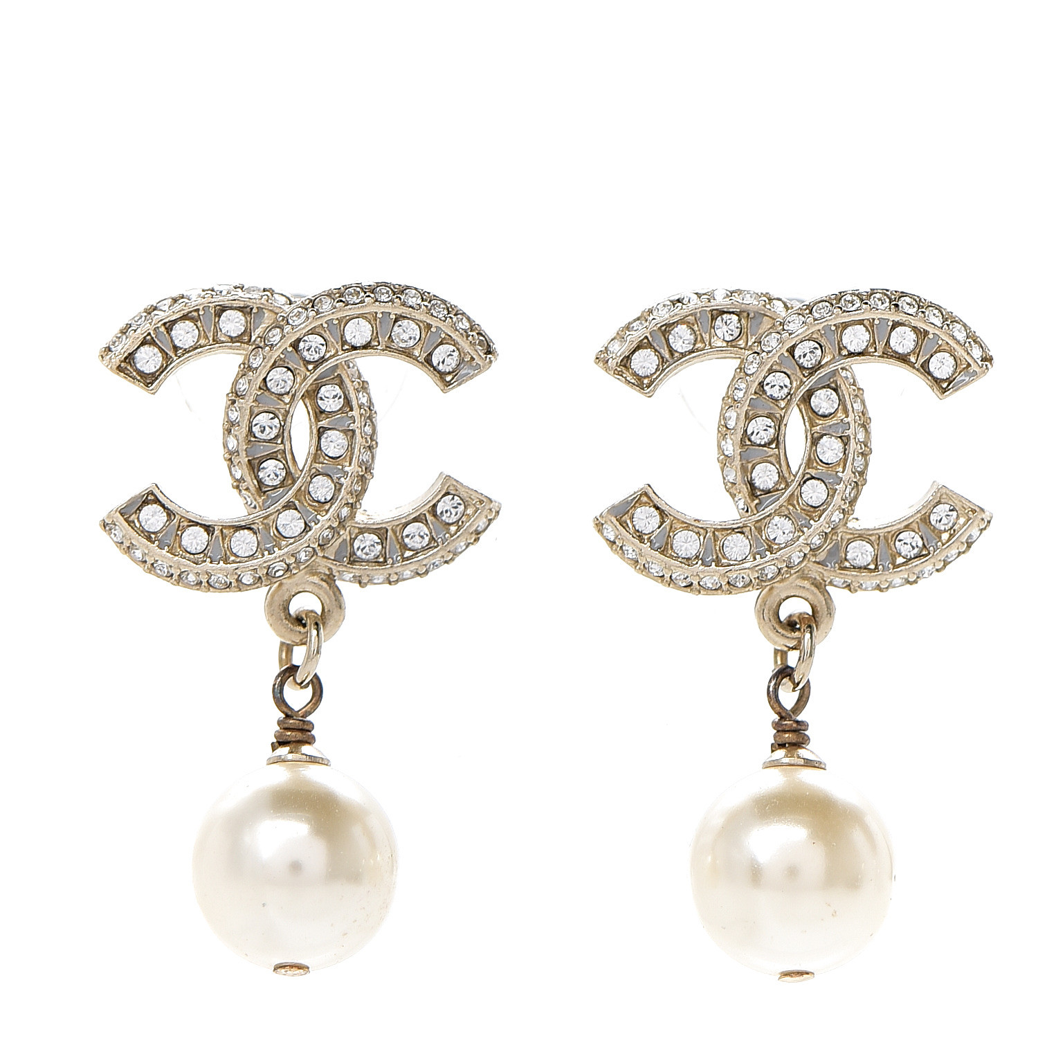 CHANEL Crystal Pearl CC Drop Earrings Gold 554486