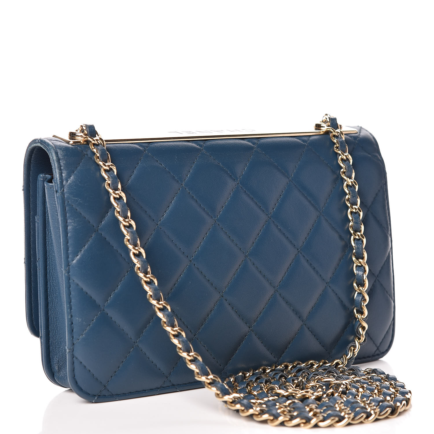 CHANEL Lambskin Quilted Trendy CC Wallet On Chain WOC Blue 445478