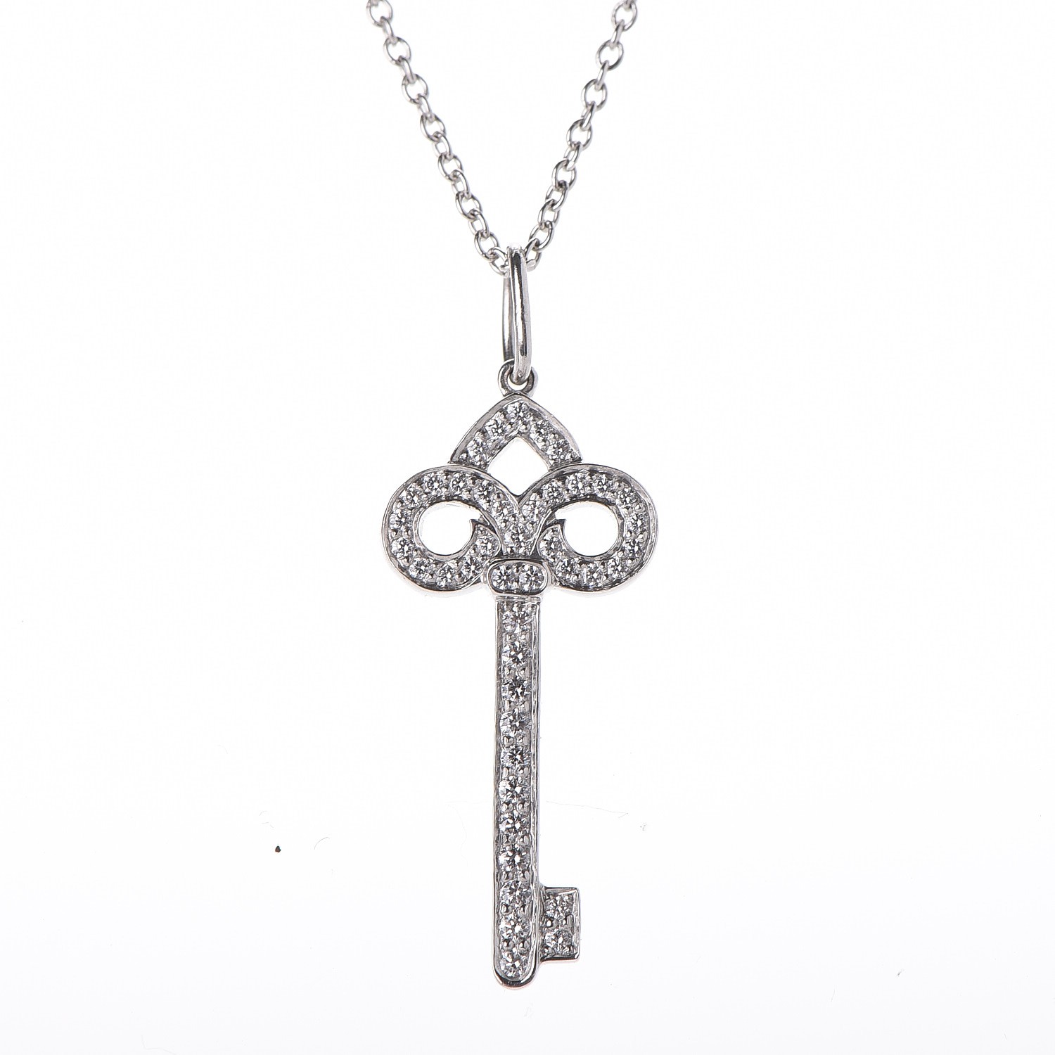 TIFFANY Platinum Diamond .12ct Fleur De Lis Key Pendant Necklace 248573