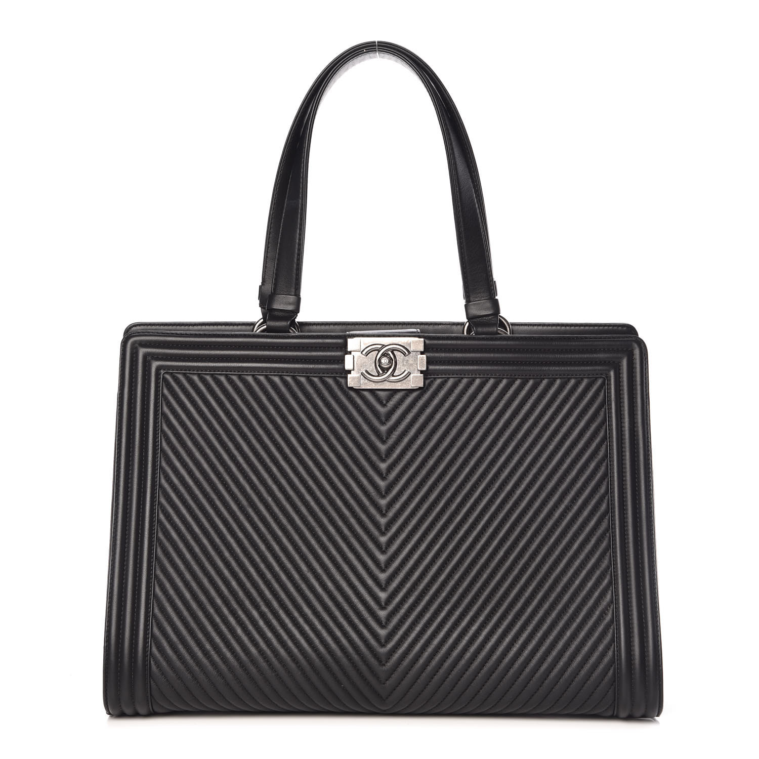 CHANEL Calfskin Chevron Quilted Boy Shopping Tote Black 380415