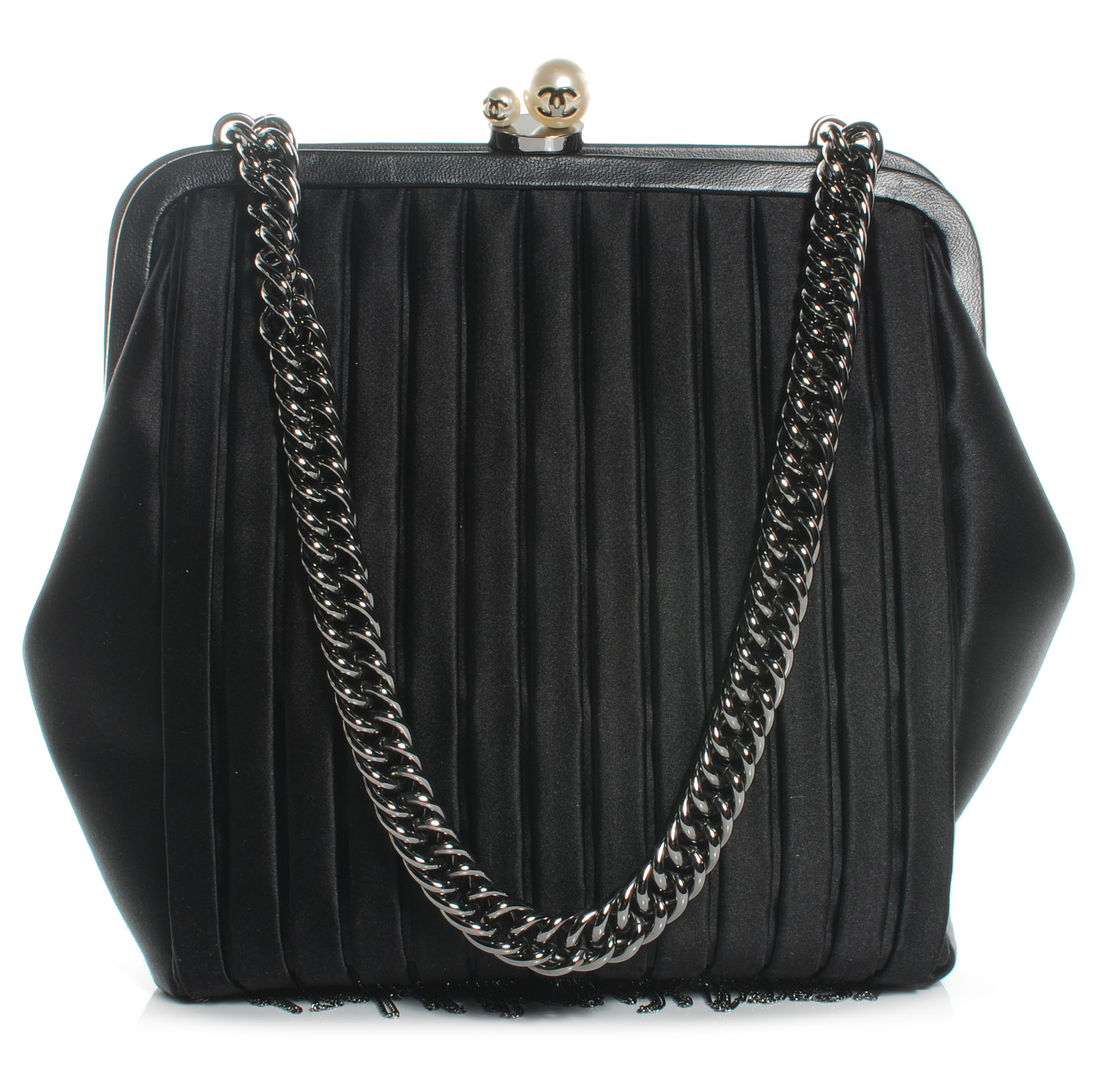 CHANEL Satin Vertical Pleats Chain Fringe Evening Bag Black 58232 ...