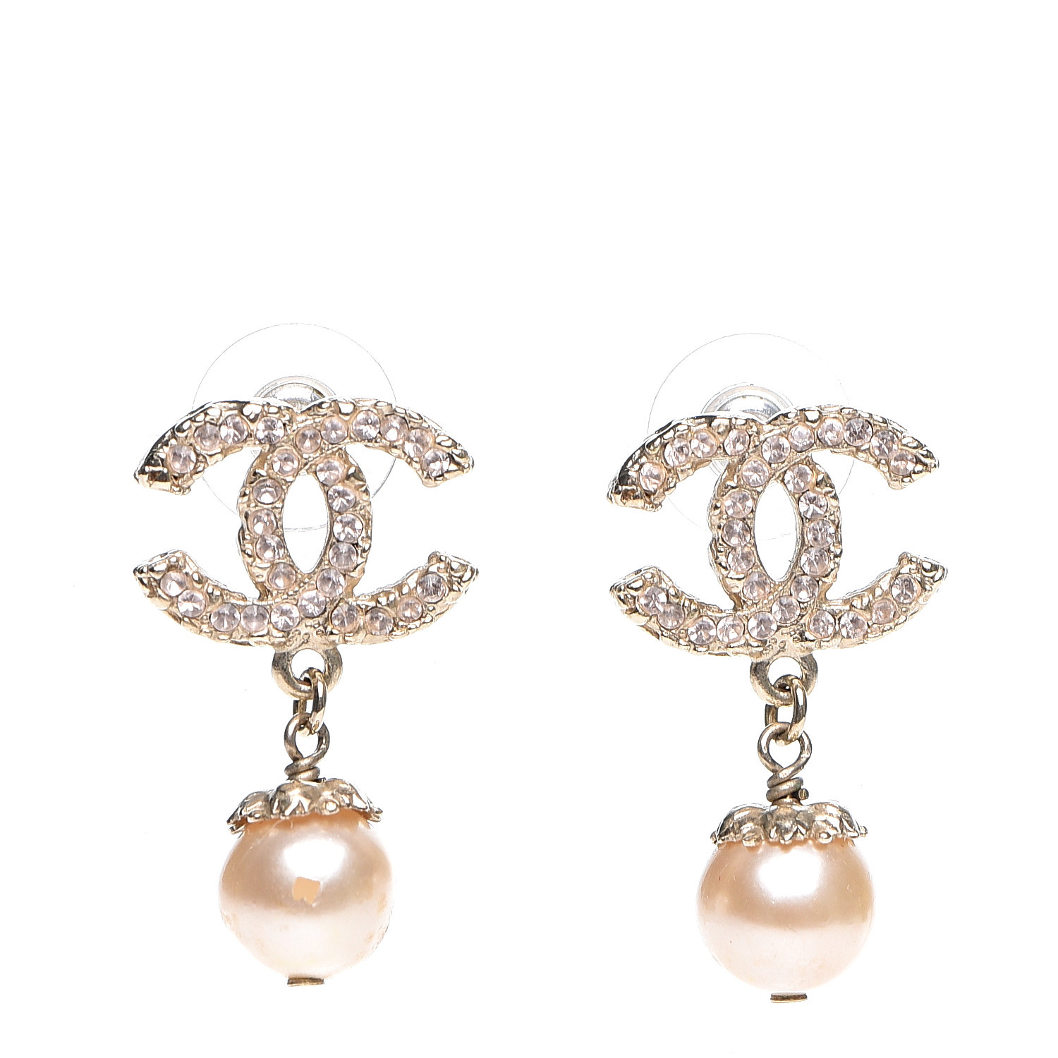 CHANEL Crystal Pearl CC Drop Earrings Gold 547805 | FASHIONPHILE