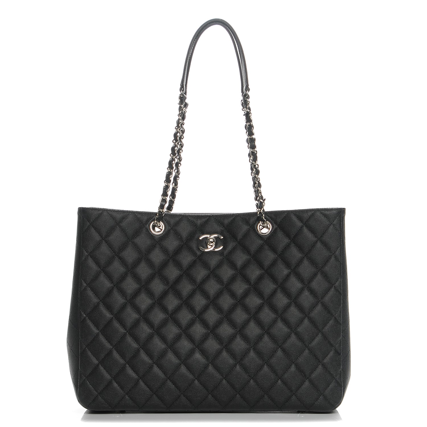 CHANEL Calfskin Quilted Large CC Shopping Tote Black 220565