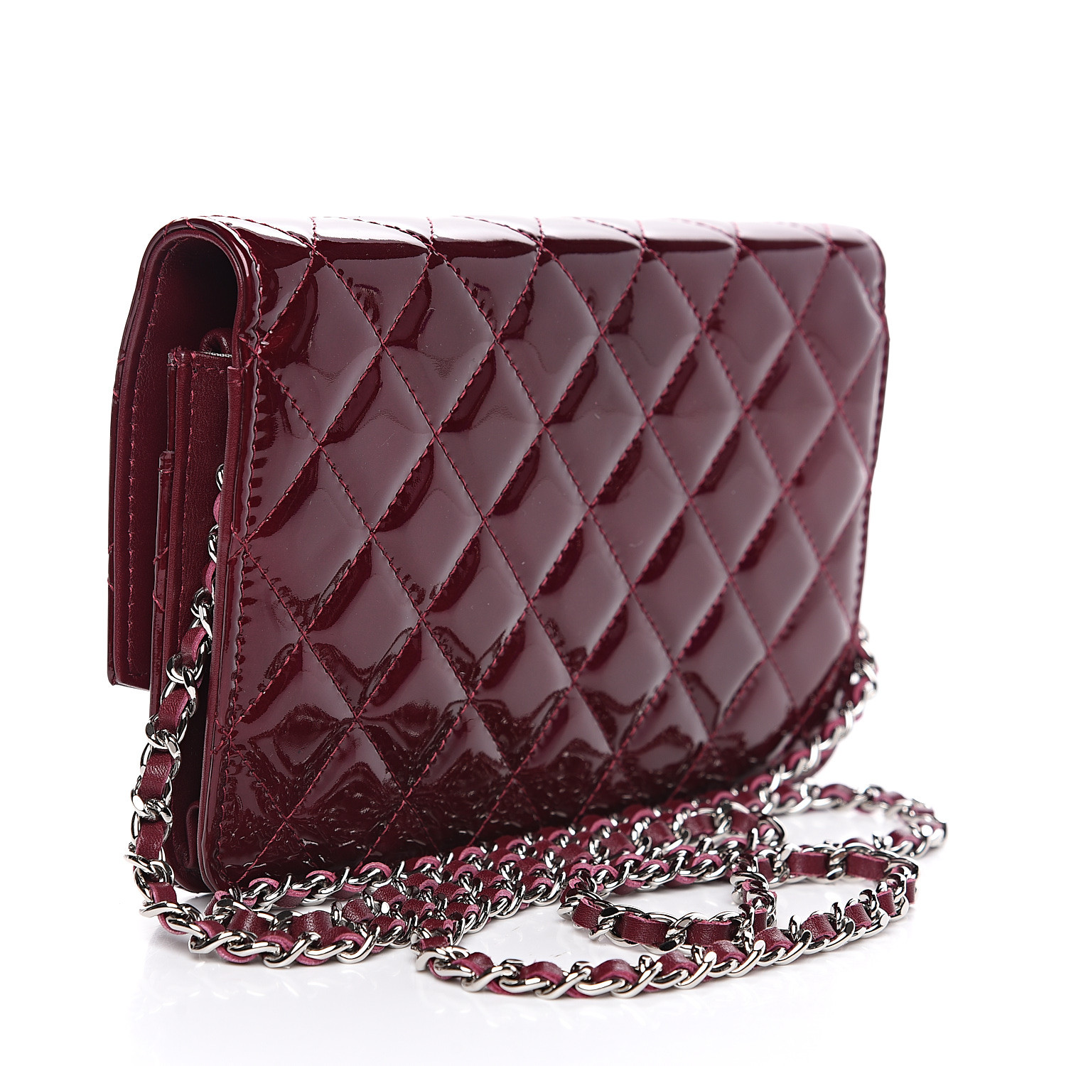 CHANEL Patent Quilted Brilliant Wallet On Chain WOC Red 554372