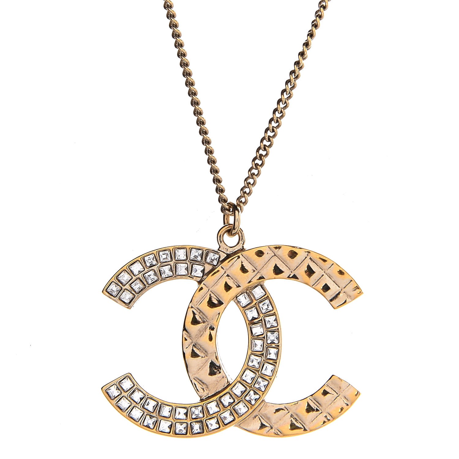 CHANEL Baguette Crystal Quilted CC Pendant Necklace Gold 303132