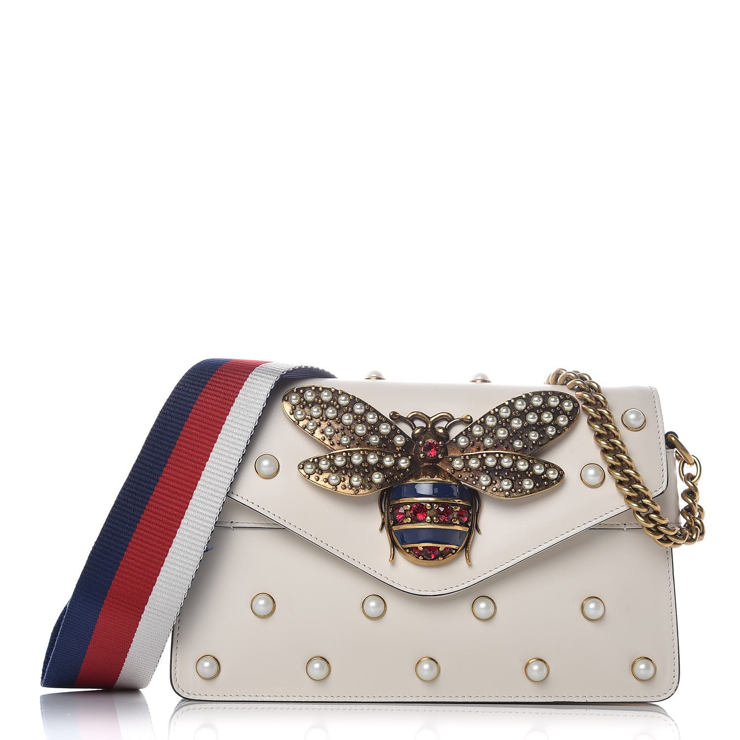 GUCCI Calfskin Pearl Studded Mini Broadway Bee Shoulder Bag White 348195