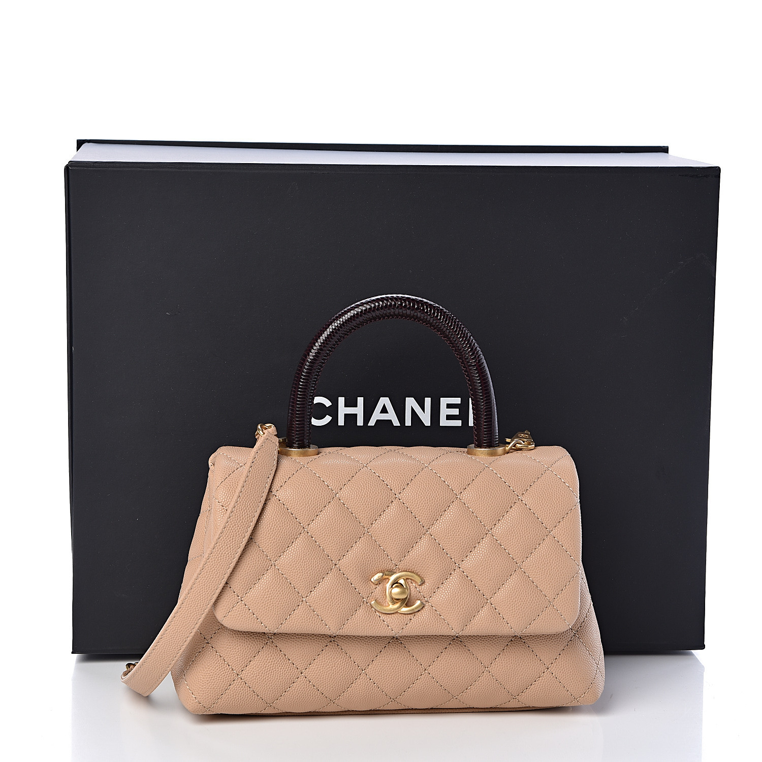 CHANEL Caviar Lizard Embossed Quilted Mini Coco Handle Flap Beige ...