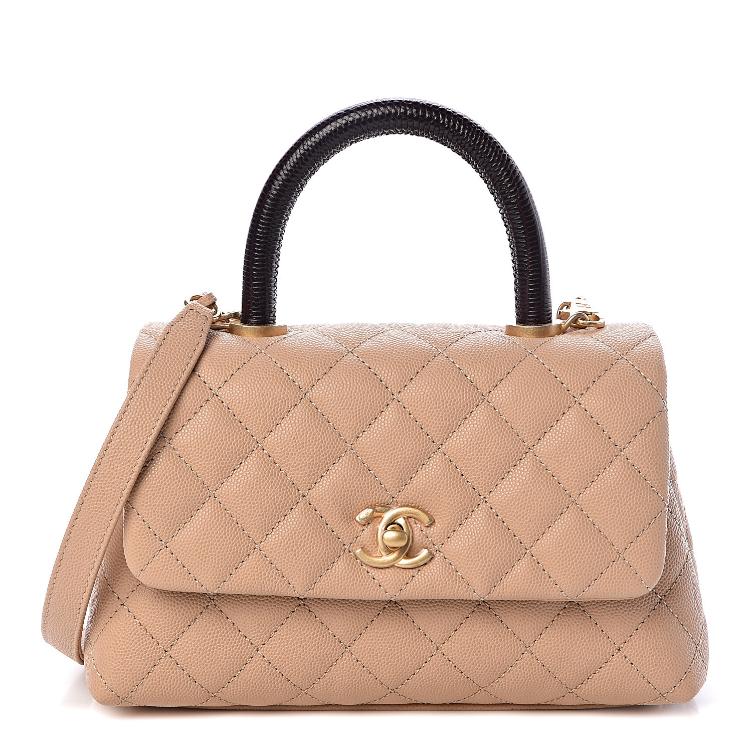 CHANEL Caviar Lizard Embossed Quilted Mini Coco Handle Flap Beige ...