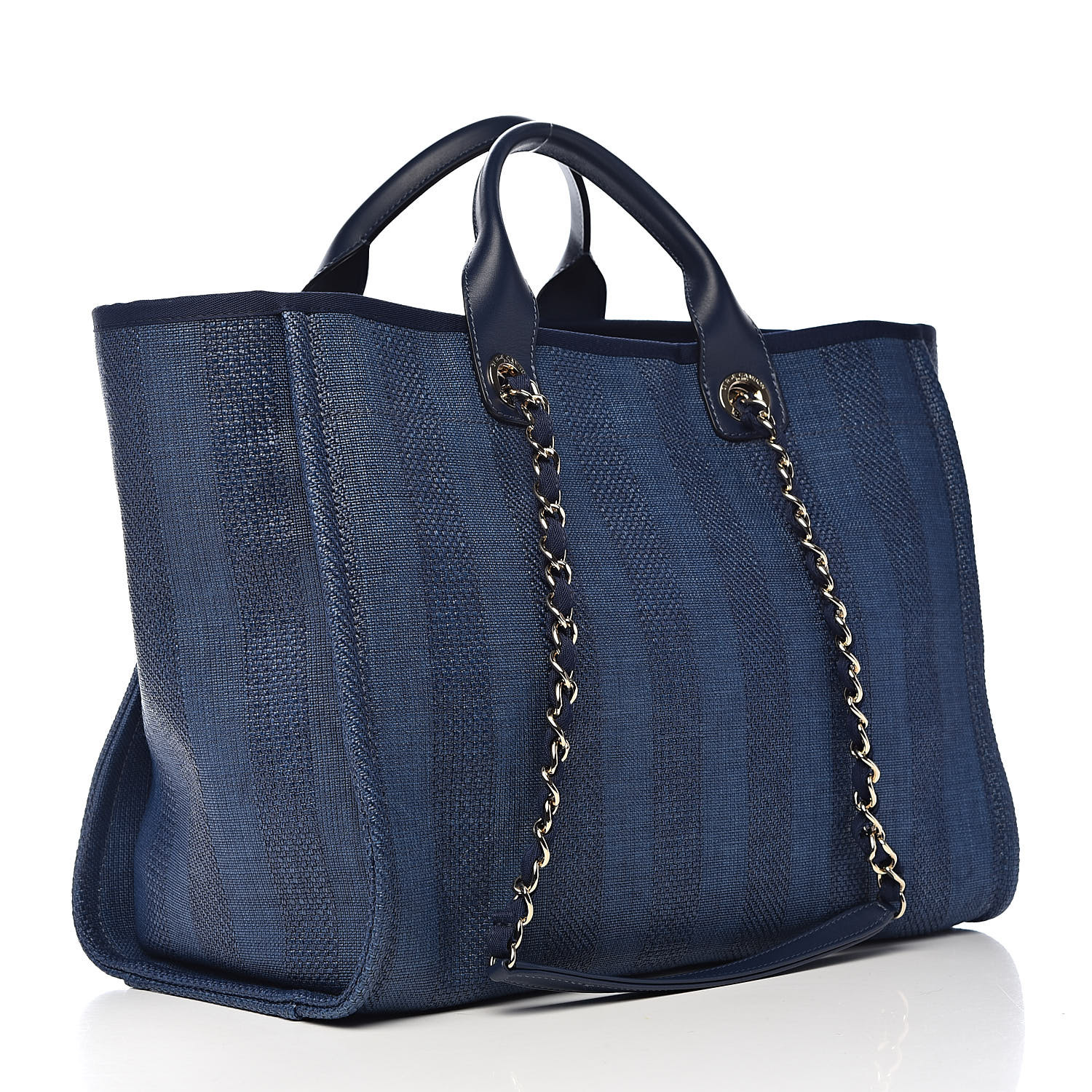 CHANEL Mixed Fibers Striped Medium Deauville Tote Navy Blue 512638 ...