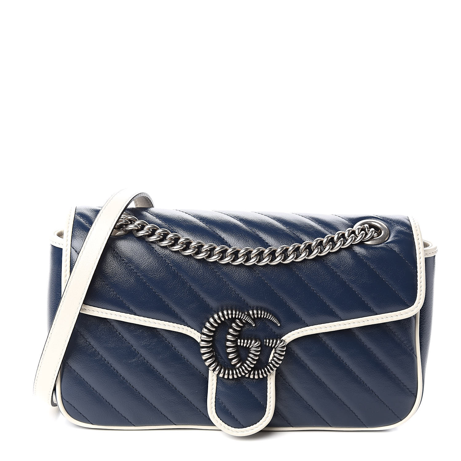 GUCCI Vintage Effect Calfskin Matelasse Small Striped GG Marmont Shoulder Bag Blue Beige 512911