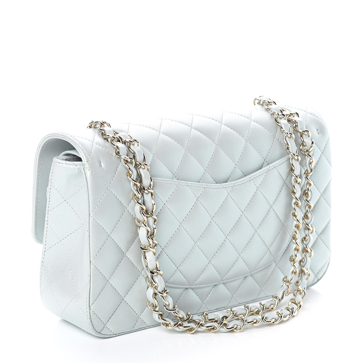 CHANEL Iridescent Lambskin Quilted Medium Double Flap Light Blue 512992