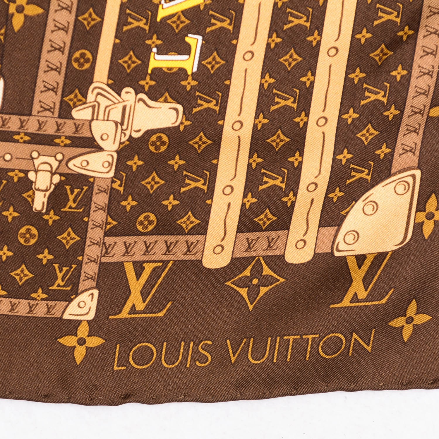 LOUIS VUITTON Silk Monogram Trunks Square Scarf Brown 150983