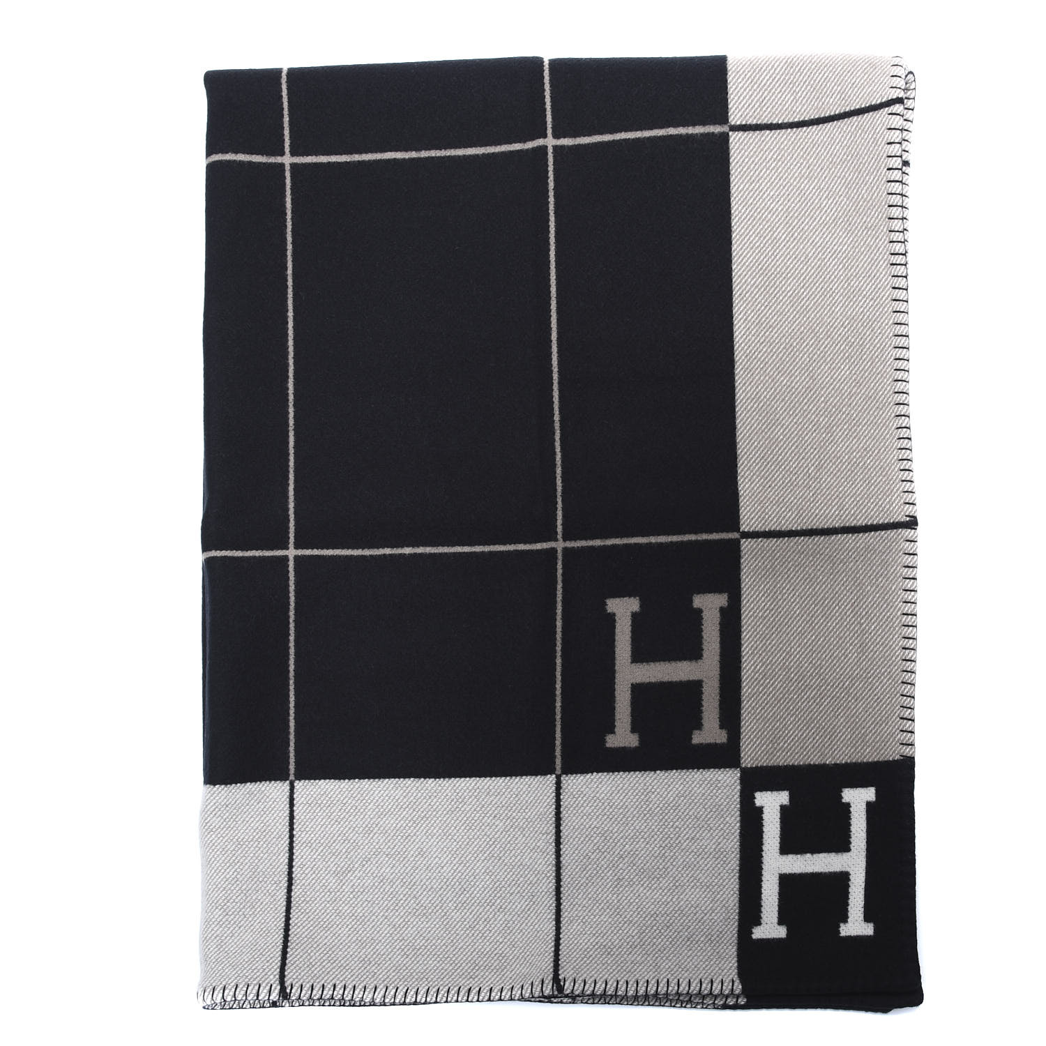 HERMES Wool Cashmere Avalon III Blanket Ecru Black 575173 | FASHIONPHILE