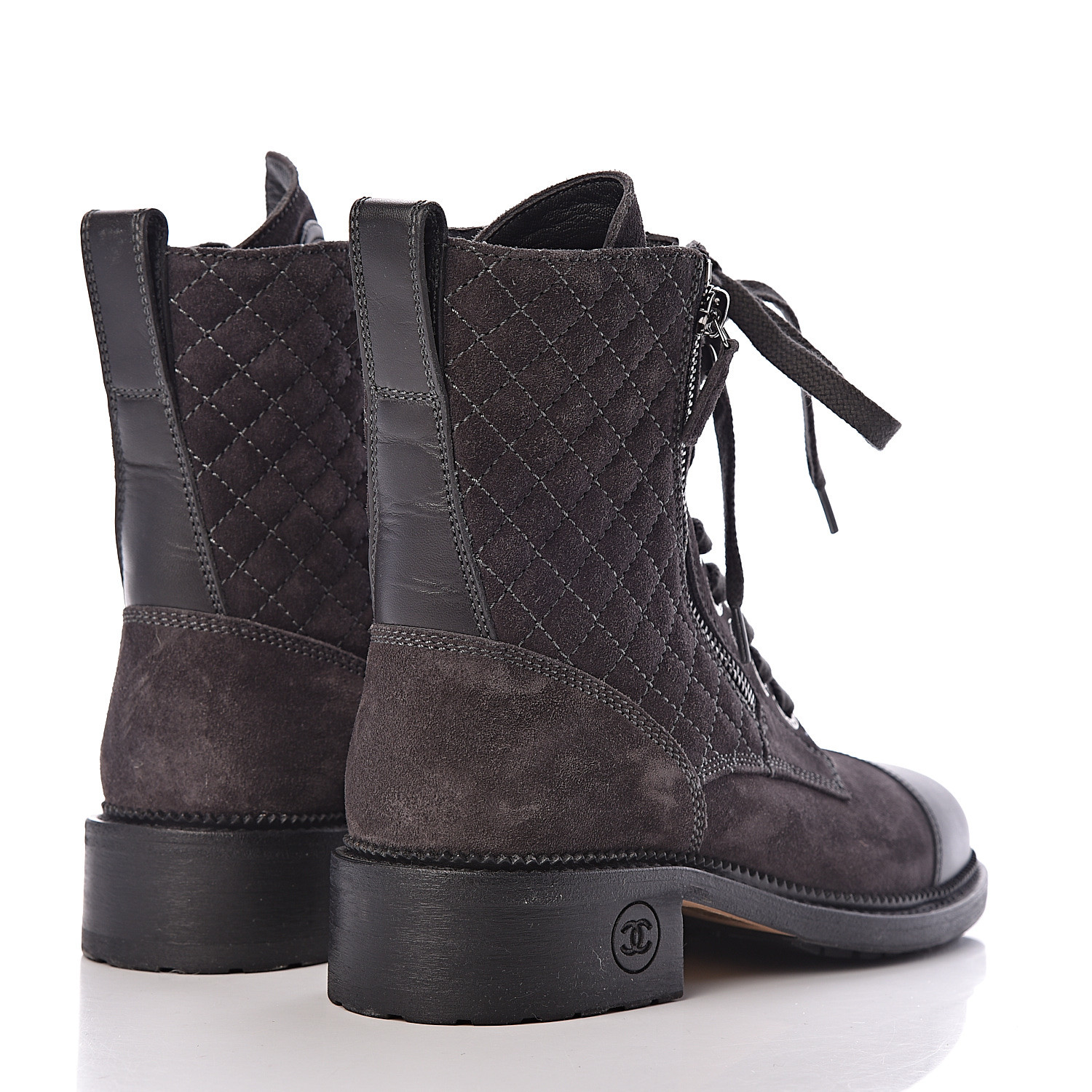 CHANEL Suede Quilted CC Combat Boots 38 Grey 474144