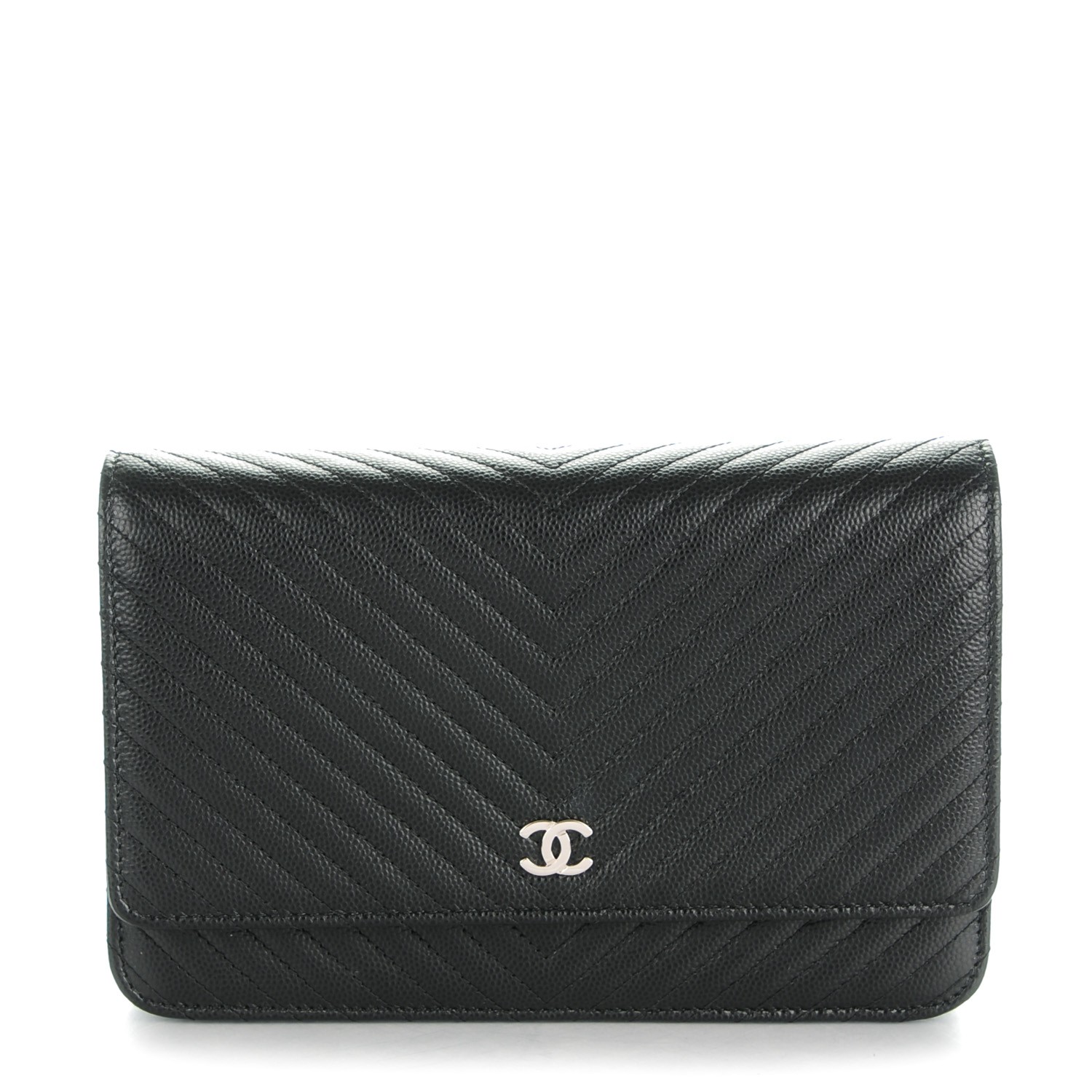 CHANEL Caviar Chevron Quilted Wallet On Chain WOC Black 152530