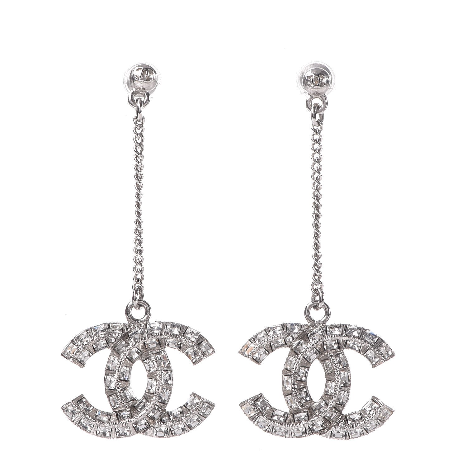 CHANEL Baguette Crystal CC Drop Earrings Silver 326367