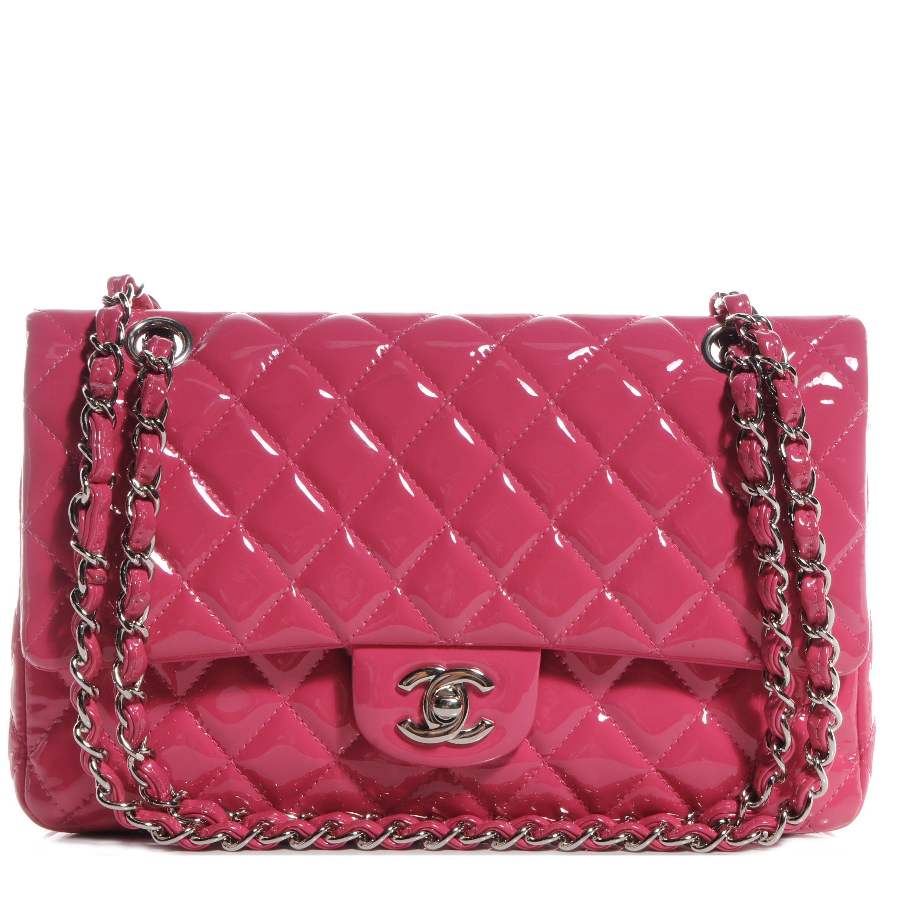 CHANEL Patent Quilted Medium Double Flap Pink 65729