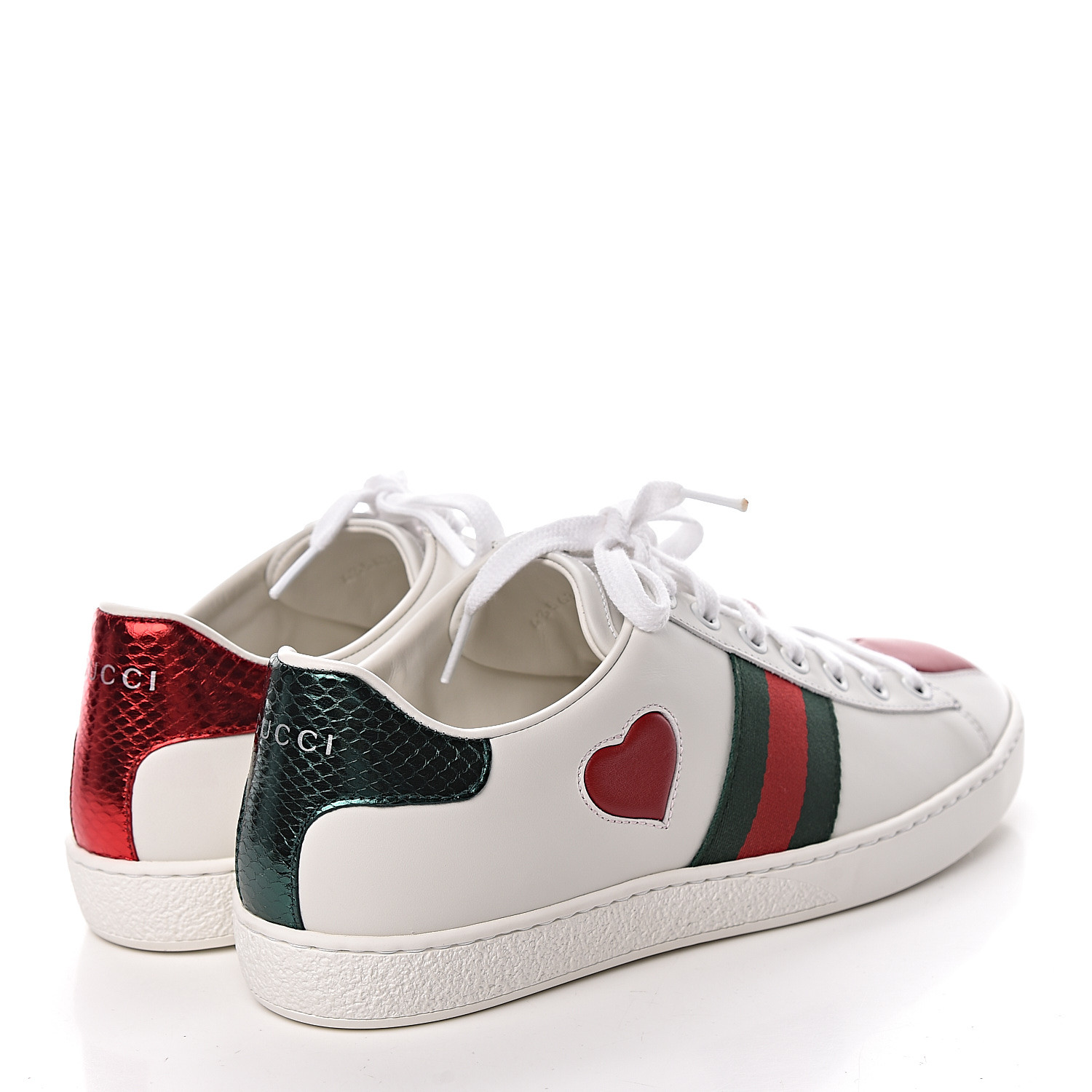 GUCCI Calfskin Web Heart Embroidered Womens Ace Sneakers 38 White 482906