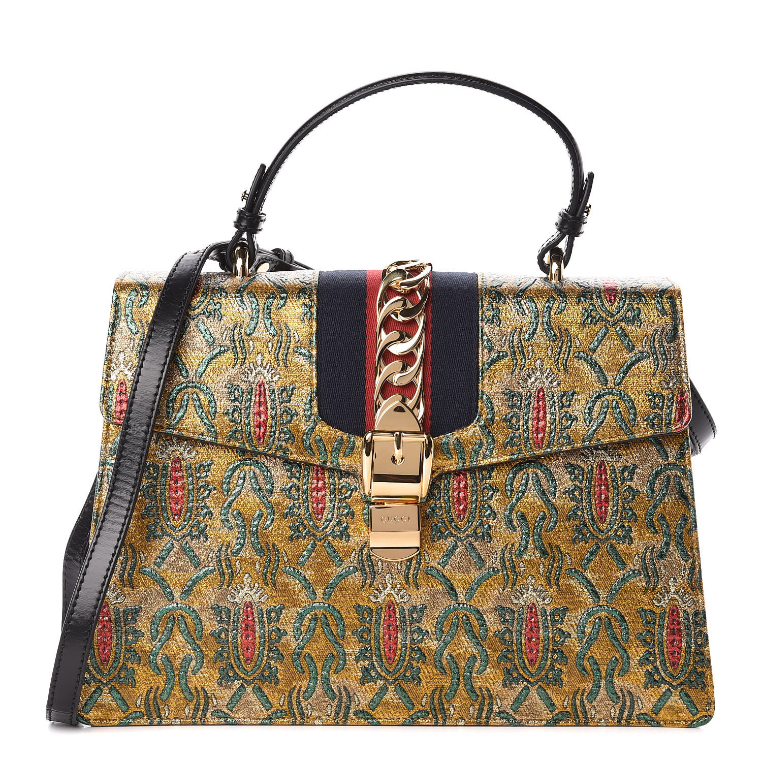 Gucci Iridescent Brocade Medium Sylvie Top Handle Bag Gold 458500