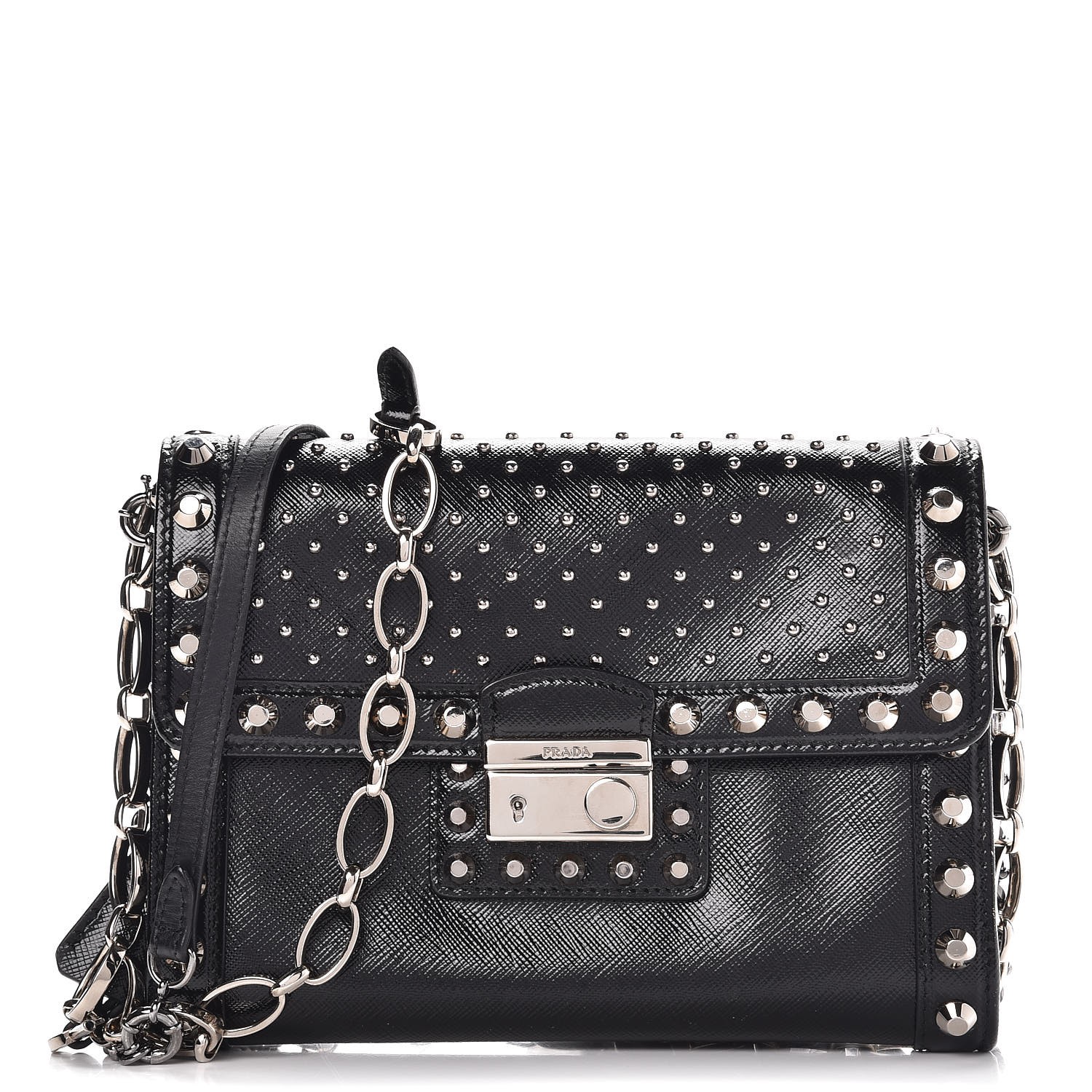PRADA Saffiano Vernice Studded Crossbody Bag Black 278234 | FASHIONPHILE