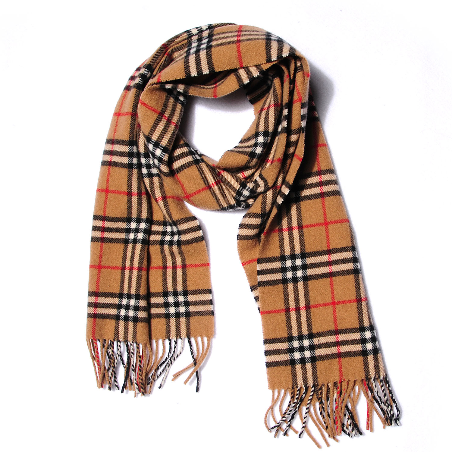 BURBERRY Lambswool Check Fringe Scarf Camel 78398