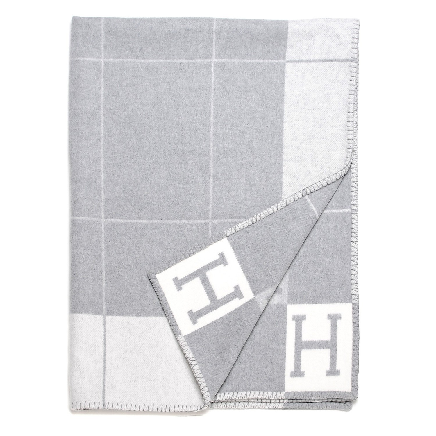 HERMES Wool Cashmere Avalon III Blanket Ecru Gris Clair 227805