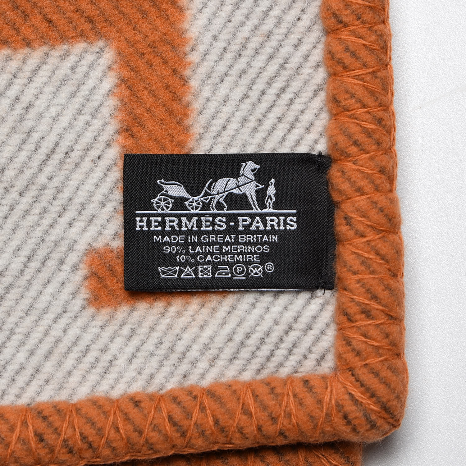 HERMES Wool Cashmere Signature Classic Avalon Blanket Ecru Potiron 364665