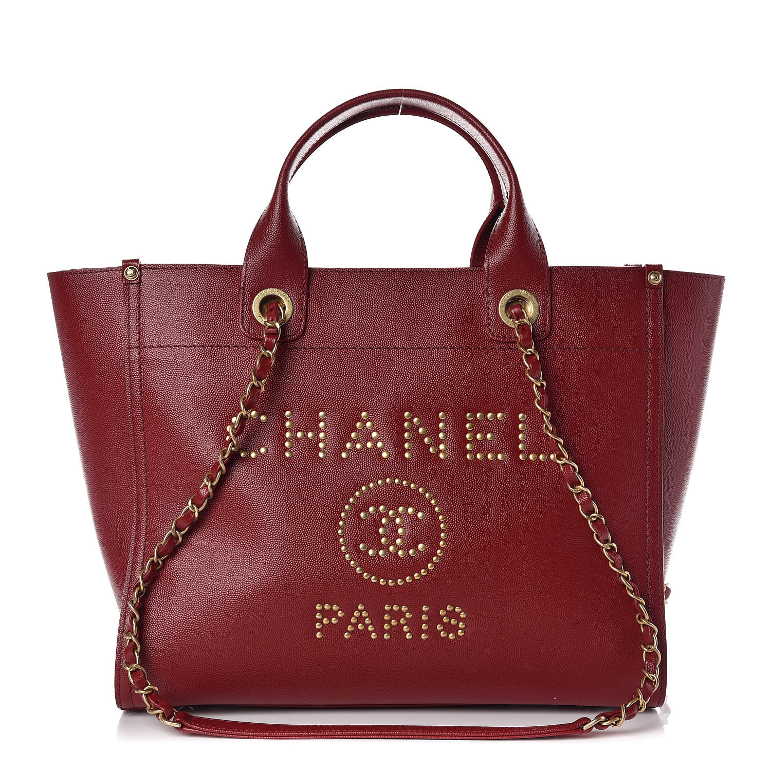 CHANEL Caviar Small Studded Deauville Tote Red 411287