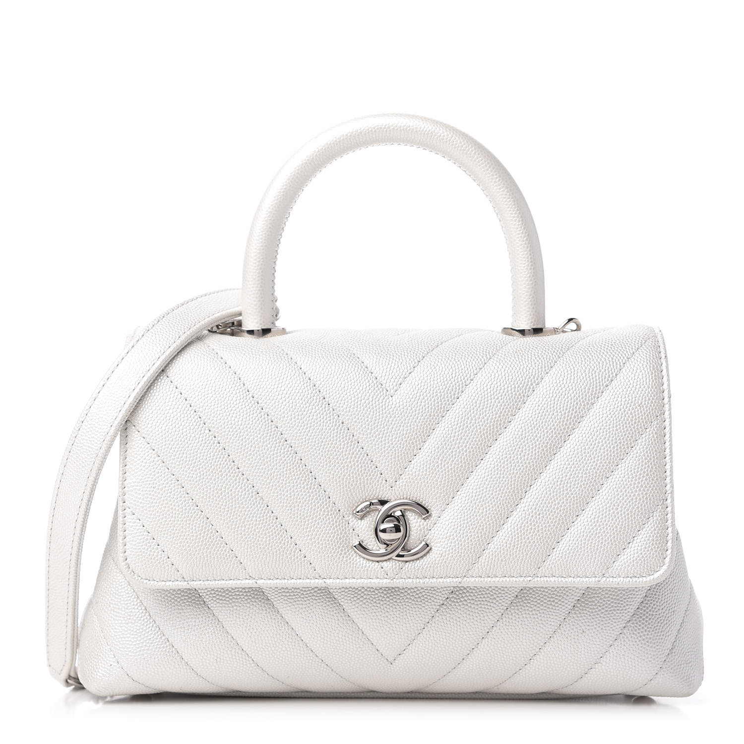 Chanel Iridescent Caviar Chevron Quilted Mini Coco Handle Flap White Fashionphile