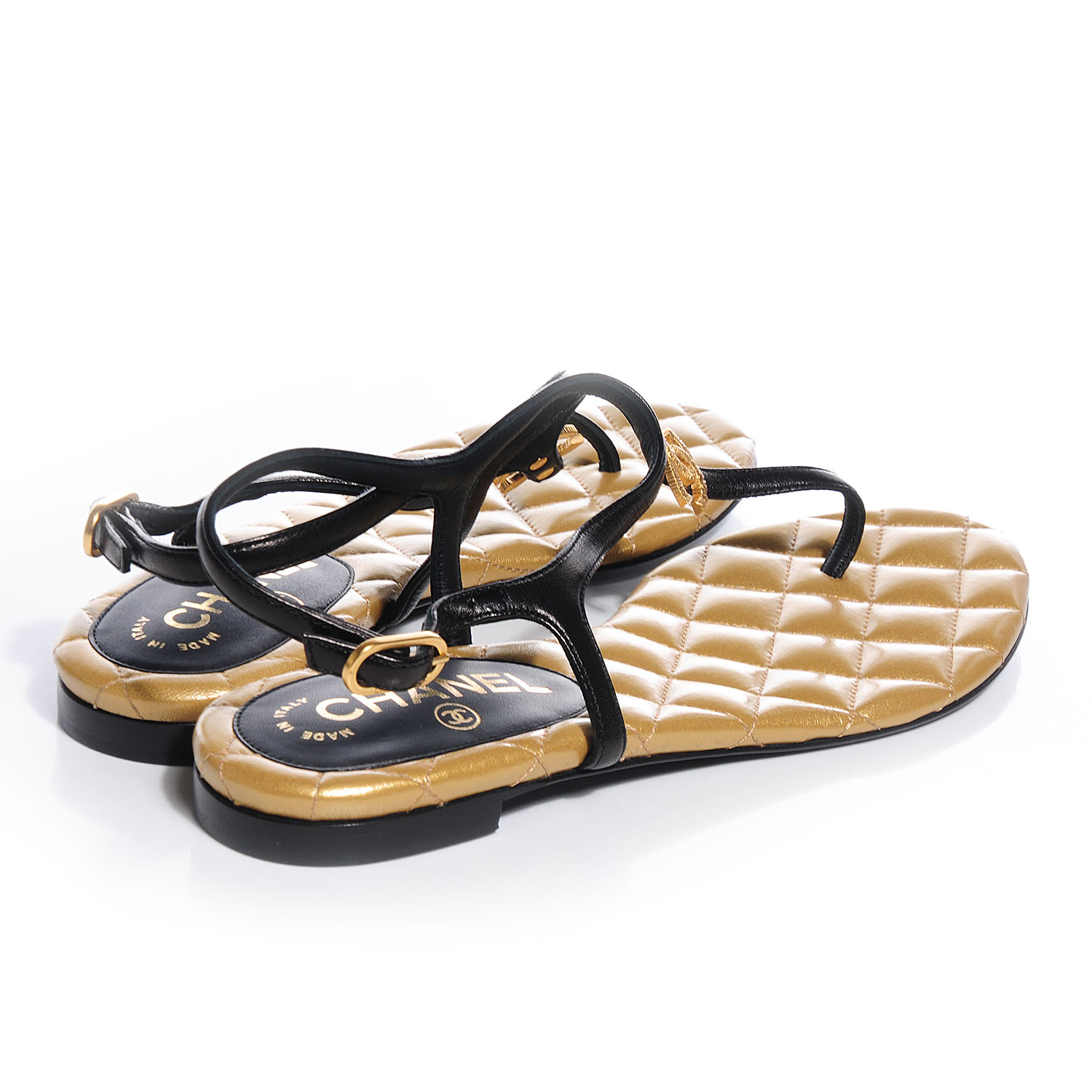 CHANEL Leather Quilted CC Thong Sandals 37 Black Gold 87085