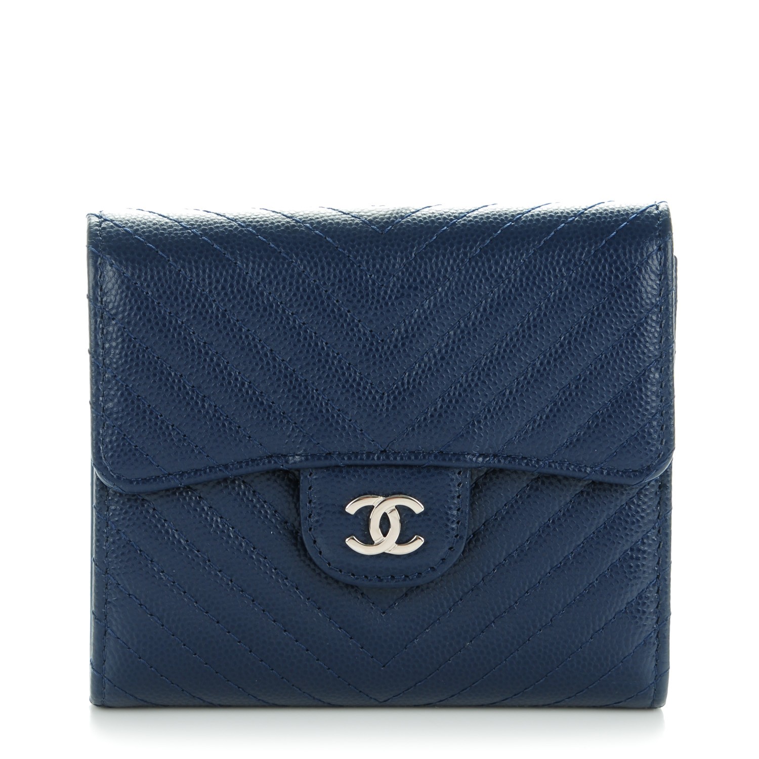 CHANEL Caviar Chevron Quilted Compact Flap Wallet Navy 150612