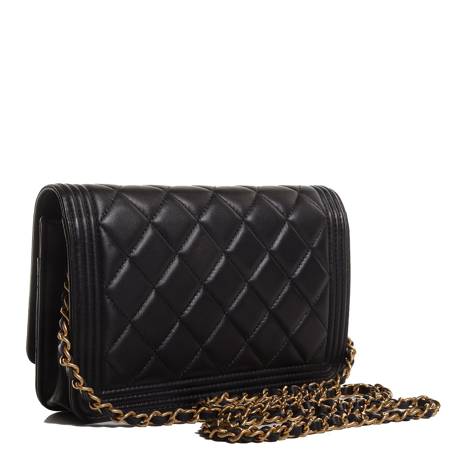 CHANEL Lambskin Quilted Boy Wallet On Chain WOC Black 97800
