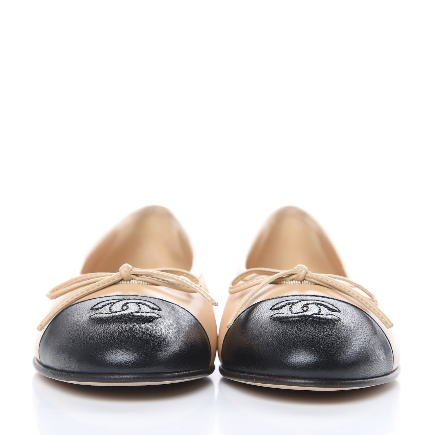 CHANEL Lambskin Cap Toe CC Ballerina Flats 36.5 Beige Black 457536