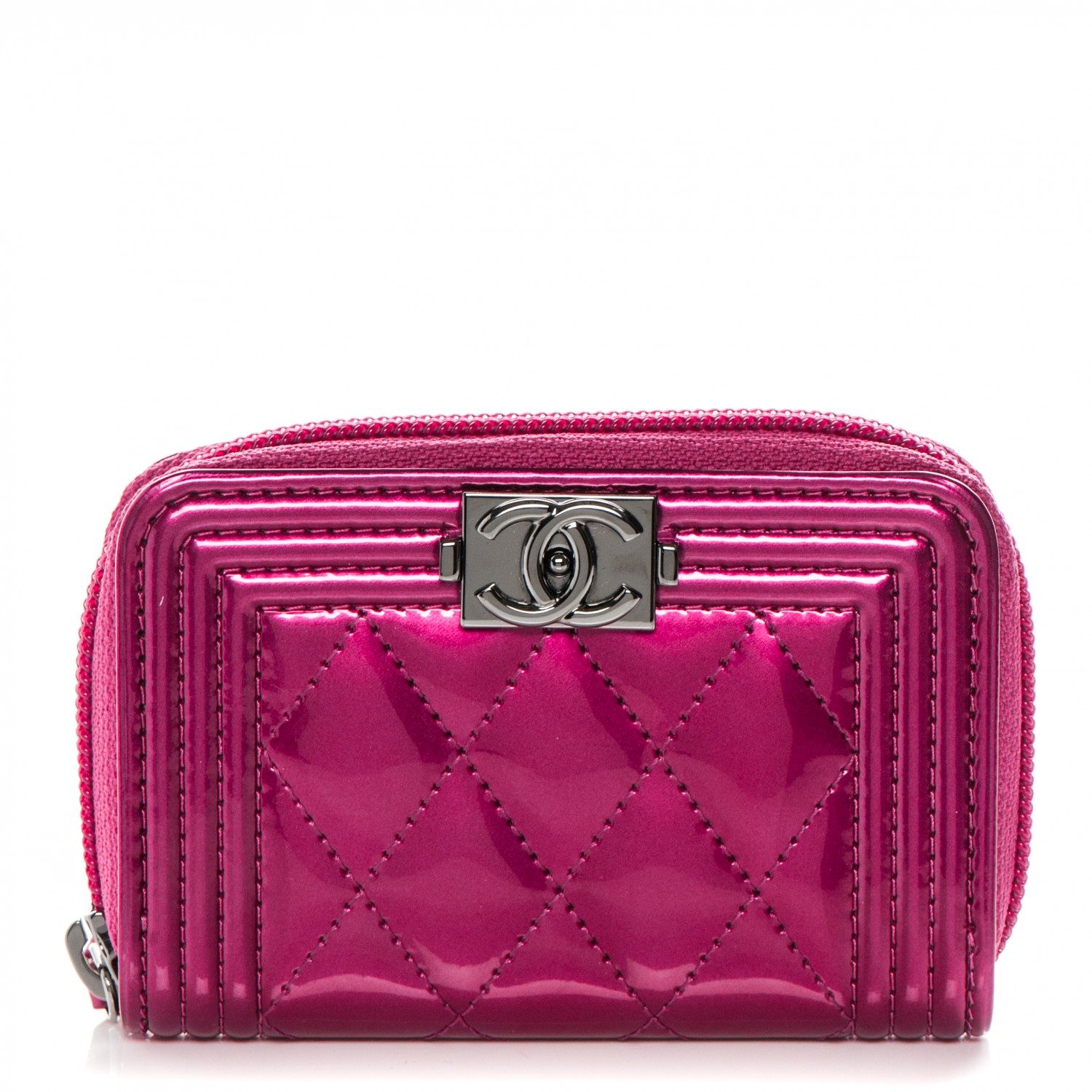 CHANEL Metallic Patent Quilted Zip Around Boy Coin Purse Wallet Fuchsia ...