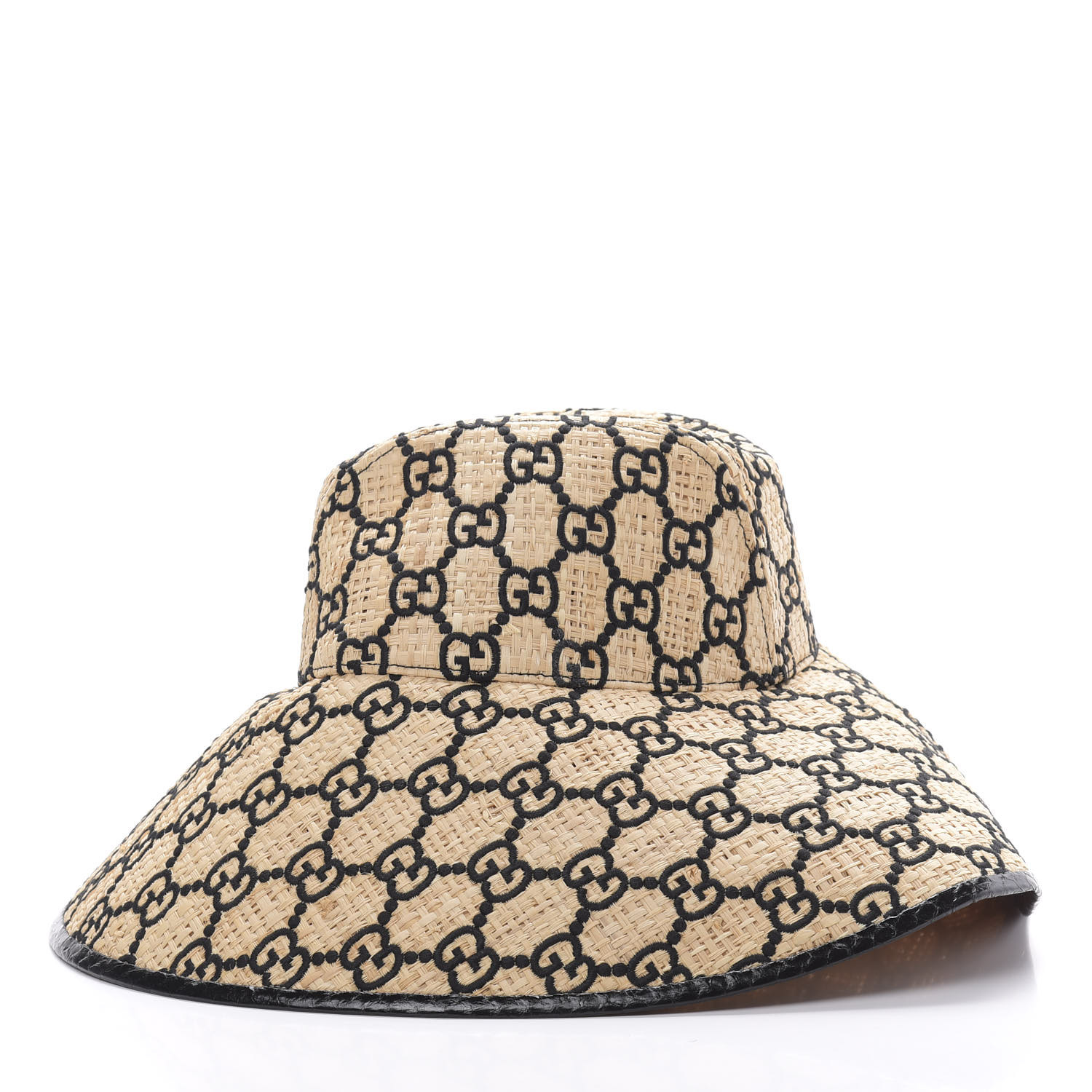 GUCCI Raffia Interlocking GG Embroidered Wide Brim Hat Mustard Black 633566