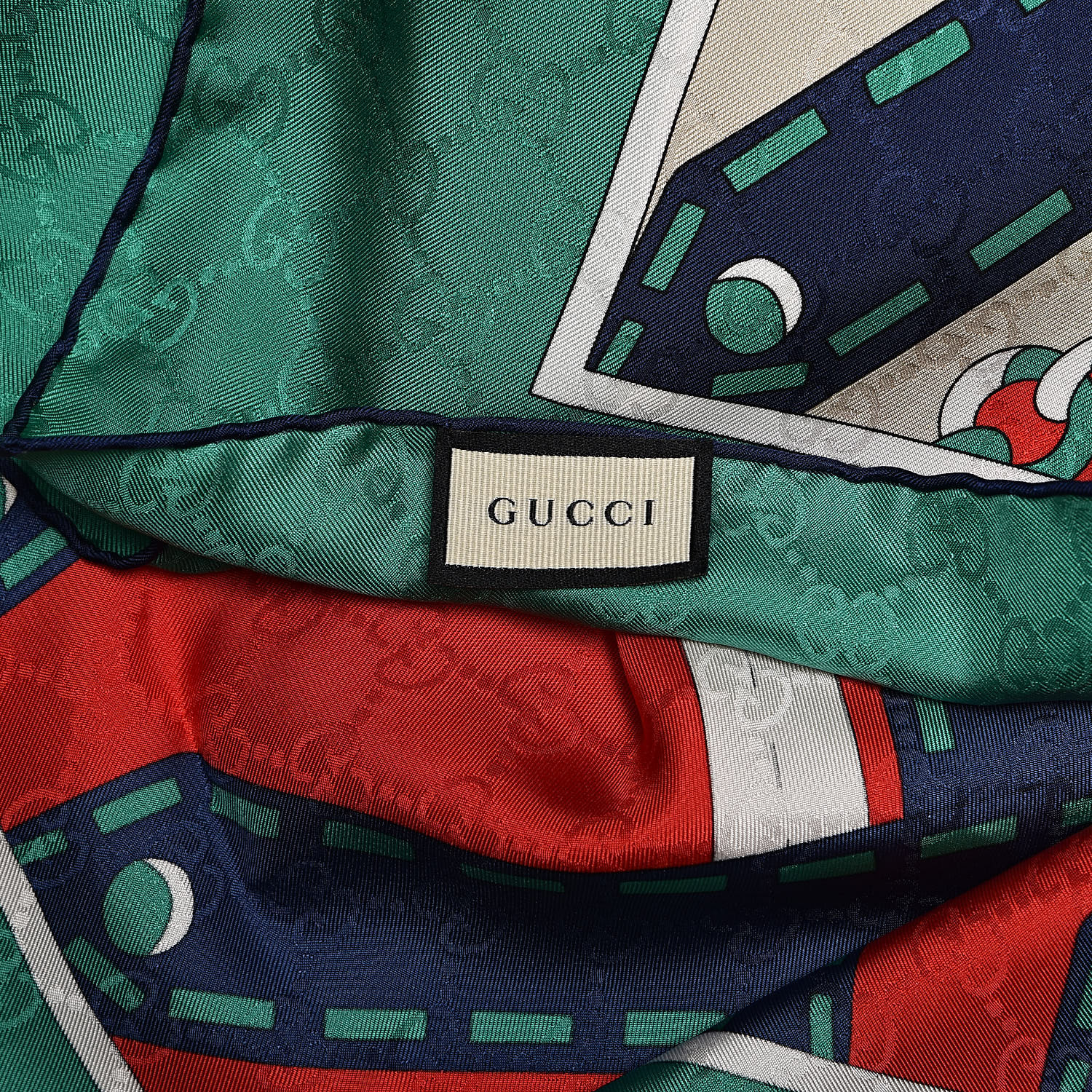 GUCCI Silk Argyle Chain Print Square Scarf Flame Dark Green 509445