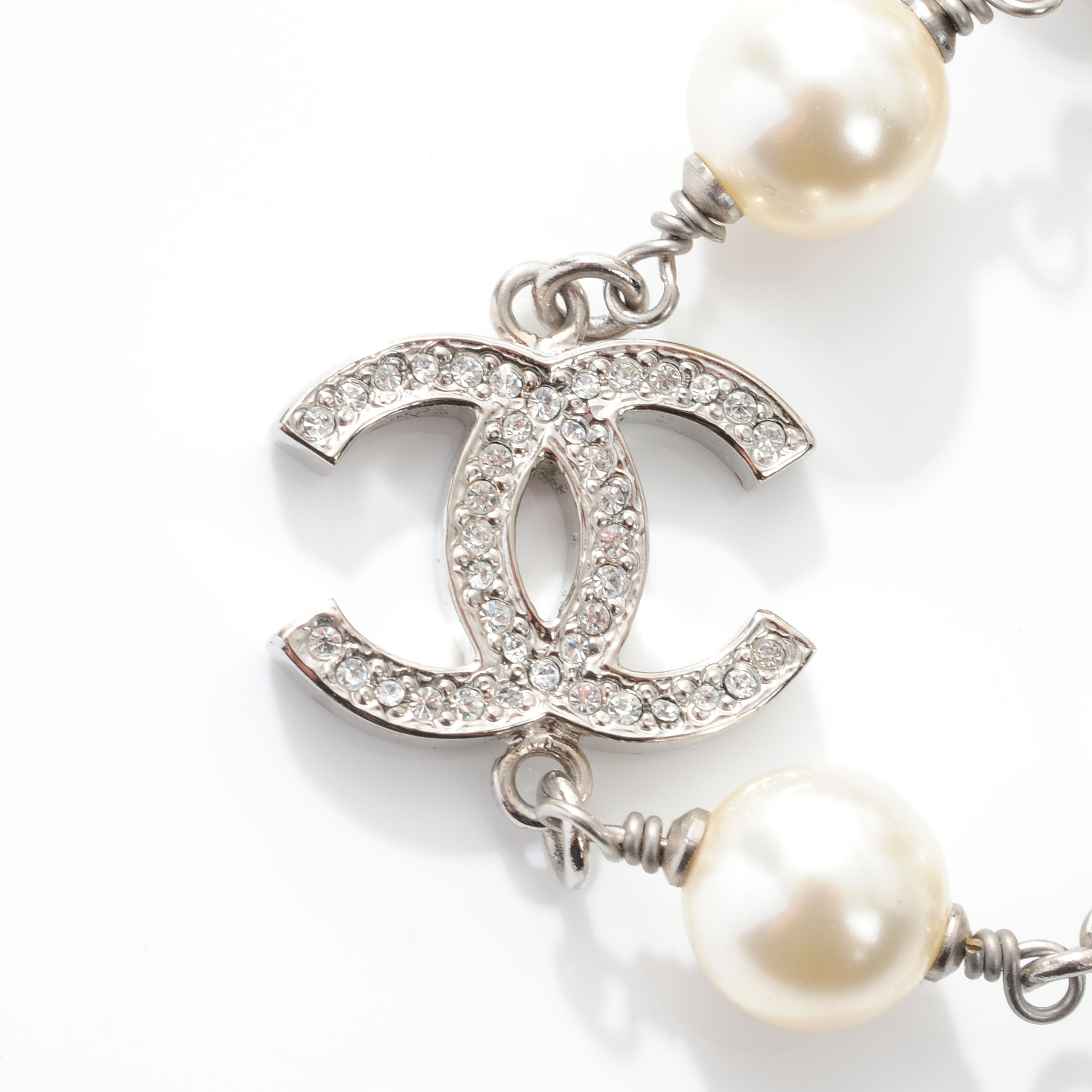 CHANEL Crystal Pearl CC Long Necklace Silver 44264