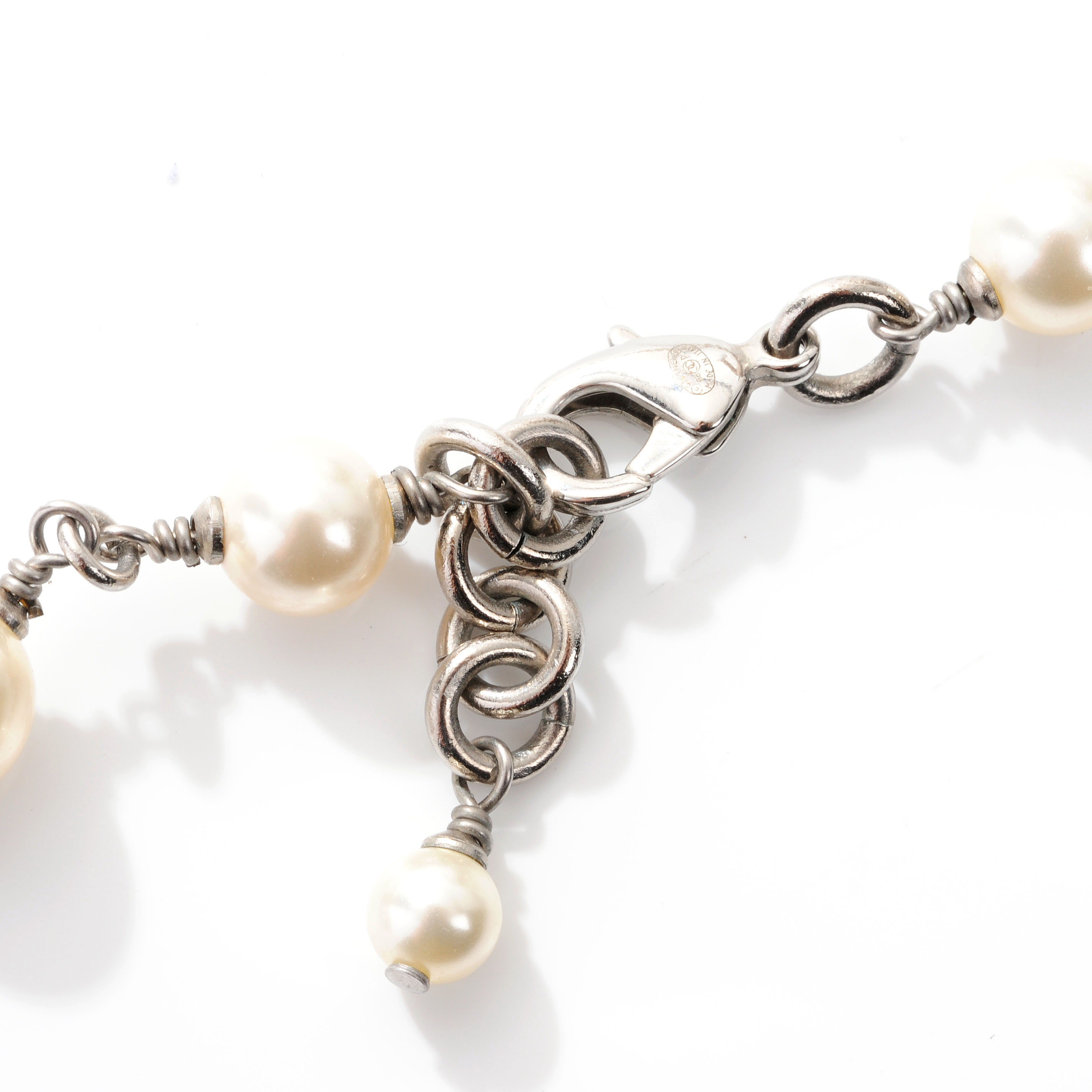 CHANEL Crystal Pearl CC Long Necklace Silver 44264