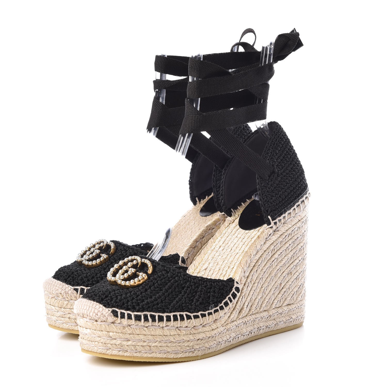 GUCCI Crochet Pearl Embellished GG Espadrille Wedge 38 Black 322941