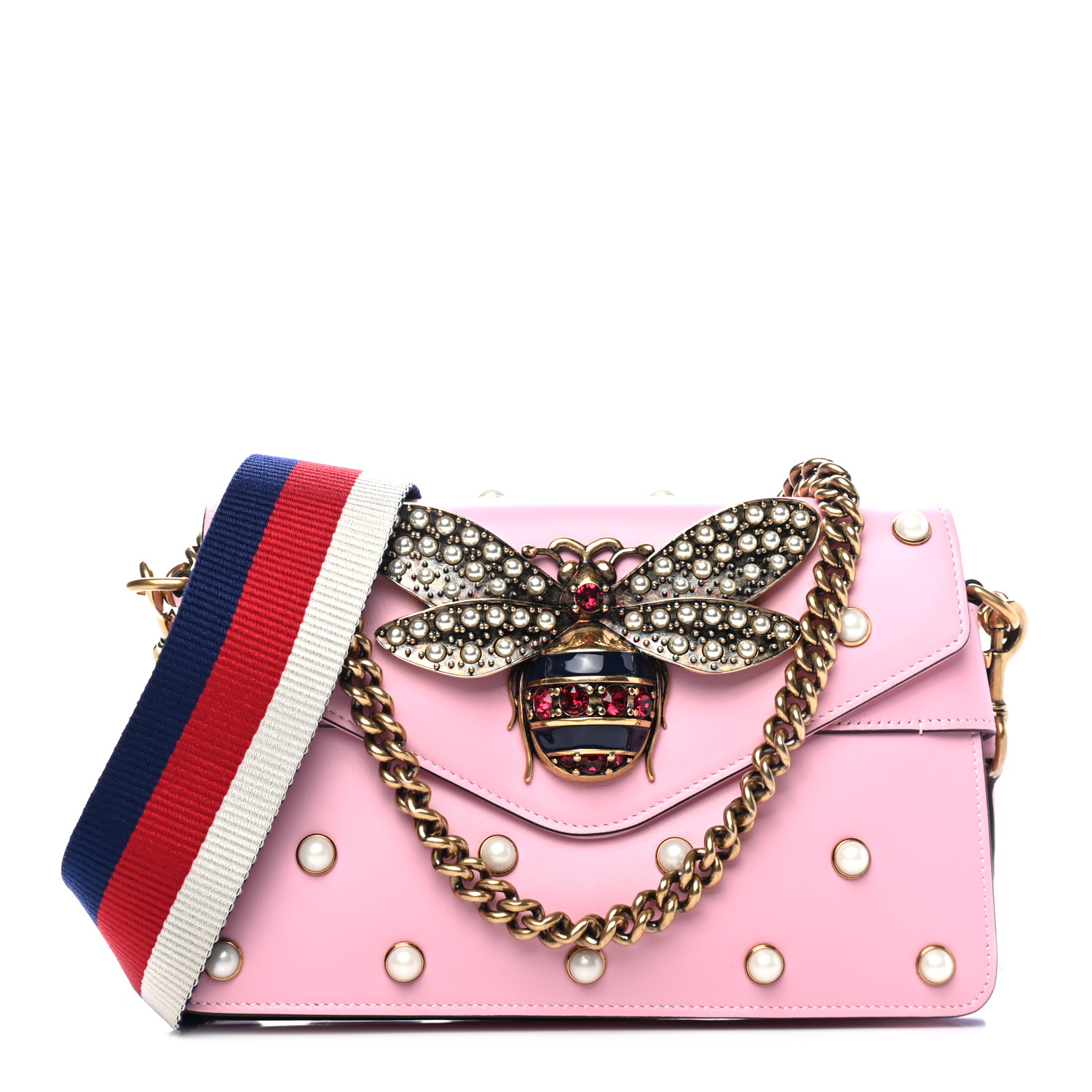GUCCI Calfskin Pearl Studded Mini Broadway Bee Shoulder Bag Pink 820613 ...