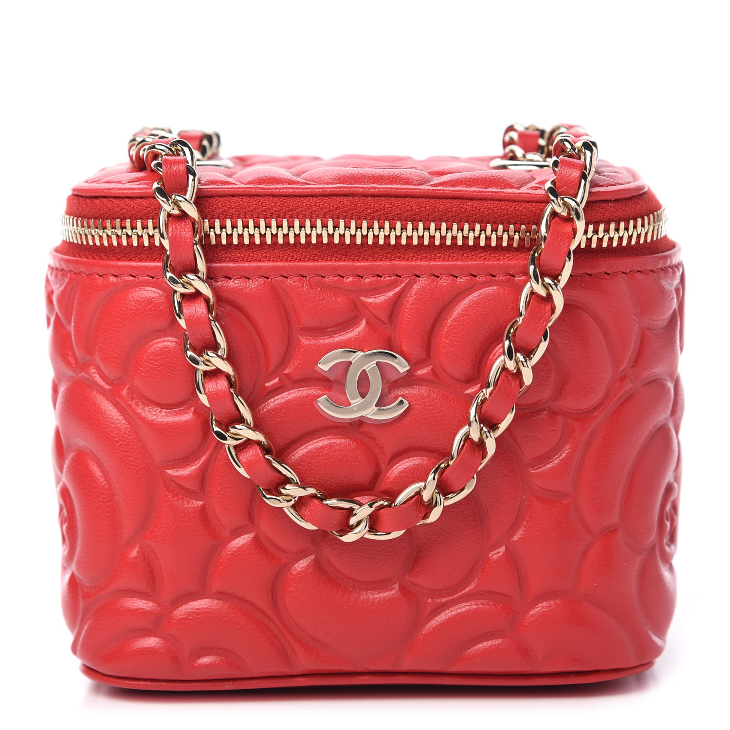 CHANEL Lambskin Camellia Embossed Mini Vanity Case With Chain Red ...