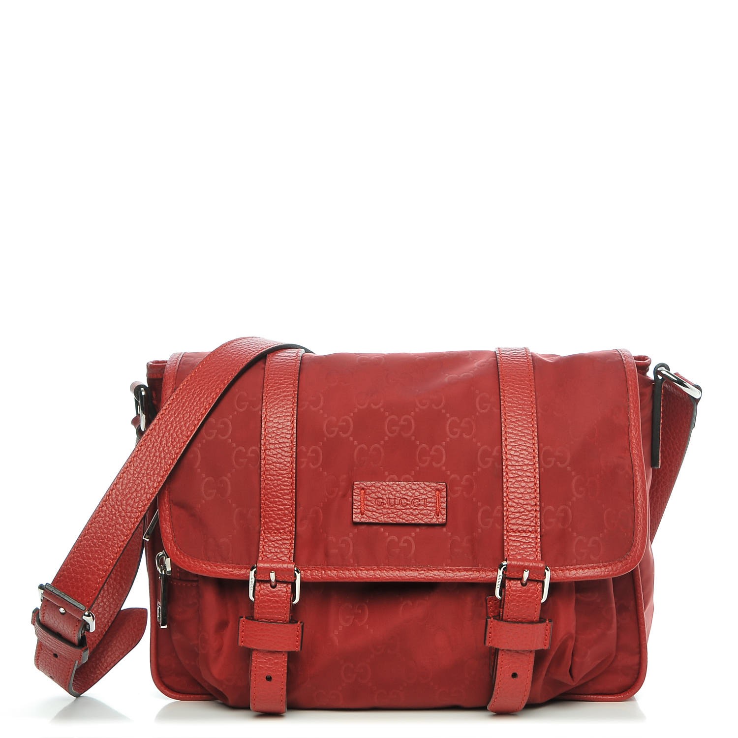 GUCCI Nylon Monogram Double Buckle Flap Messenger Bag Vibrant Red ...