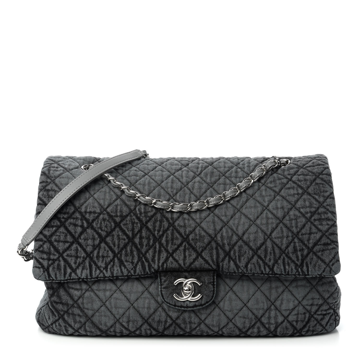 CHANEL Denim Quilted Medium Denimpression XXL Flap Grey Black 722441 